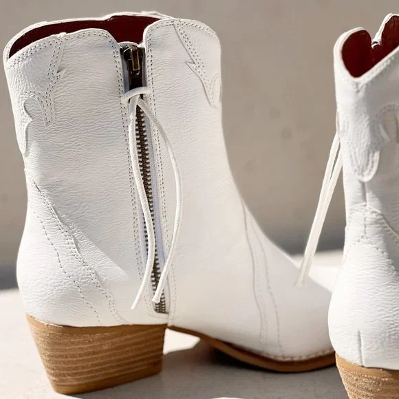 NEW Pointy Toe Stack Block Heel Zip Up Western Ankle Booties Boots Off White - Picture 8 of 16